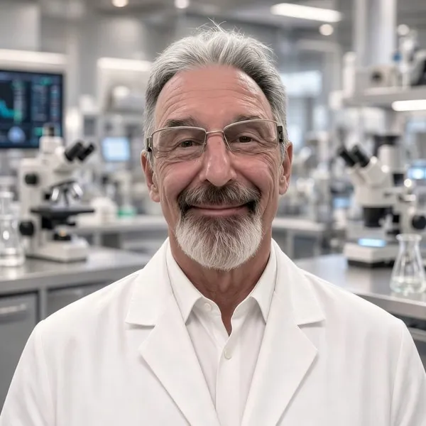 Peter D., chemist founder, in a lab coat.