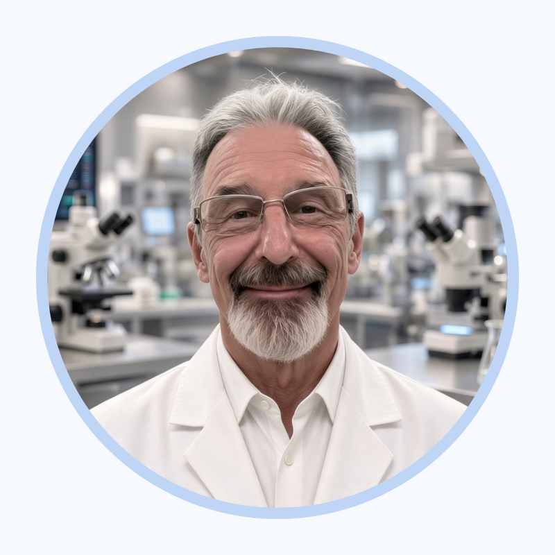 Peter D., chemist founder of The Practical Peptide, in a lab coat.